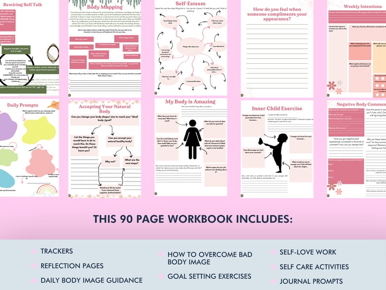 Puede incluir: Un cuaderno de trabajo rosa y blanco con el t&iacute;tulo "THIS 90 PAGE WORKBOOK INCLUDES:" y una lista de temas que incluyen "Trackers", "Reflection Pages", "Daily Body Image Guidance", "How to Overcome Bad Body Image", "Goal Setting Exercises", "Self-Love Work", "Self Care Activities" y "Journal Prompts".