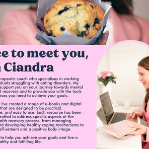 Puede incluir: Una mujer con una chaqueta rosa est&aacute; sentada en un escritorio con una computadora port&aacute;til y un cuaderno. El texto en la pantalla dice "Nice to meet you, I'm Ciandra". El texto debajo de la imagen dice "Soy una coach terap&eacute;utica que se especializa en trabajar con personas que luchan contra los trastornos alimenticios. Mi objetivo es apoyarlos en su viaje hacia la salud mental y la recuperaci&oacute;n y brindarles las herramientas y los recursos que necesitan para alcanzar sus metas."