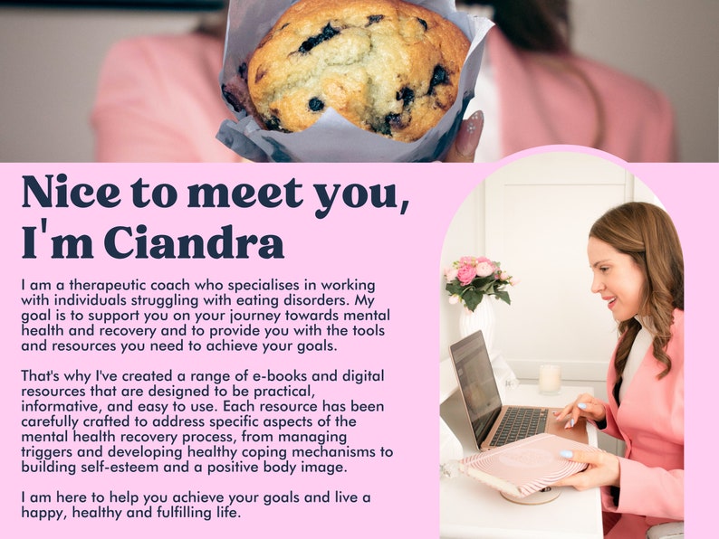 Puede incluir: Una mujer con una chaqueta rosa est&aacute; sentada en un escritorio con una computadora port&aacute;til y un cuaderno. El texto en la pantalla dice "Nice to meet you, I'm Ciandra". El texto debajo de la imagen dice "Soy una coach terap&eacute;utica que se especializa en trabajar con personas que luchan contra los trastornos alimenticios. Mi objetivo es apoyarlos en su viaje hacia la salud mental y la recuperaci&oacute;n y brindarles las herramientas y los recursos que necesitan para alcanzar sus metas."