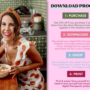 Puede incluir: Una mujer sonr&iacute;e mientras sostiene palillos y un taz&oacute;n de comida. La imagen est&aacute; acompa&ntilde;ada de un fondo rosa con texto que describe el proceso de descarga de productos digitales comprados en Etsy. El texto incluye informaci&oacute;n sobre descuentos, descarga de archivos, descompresi&oacute;n de archivos e impresi&oacute;n.