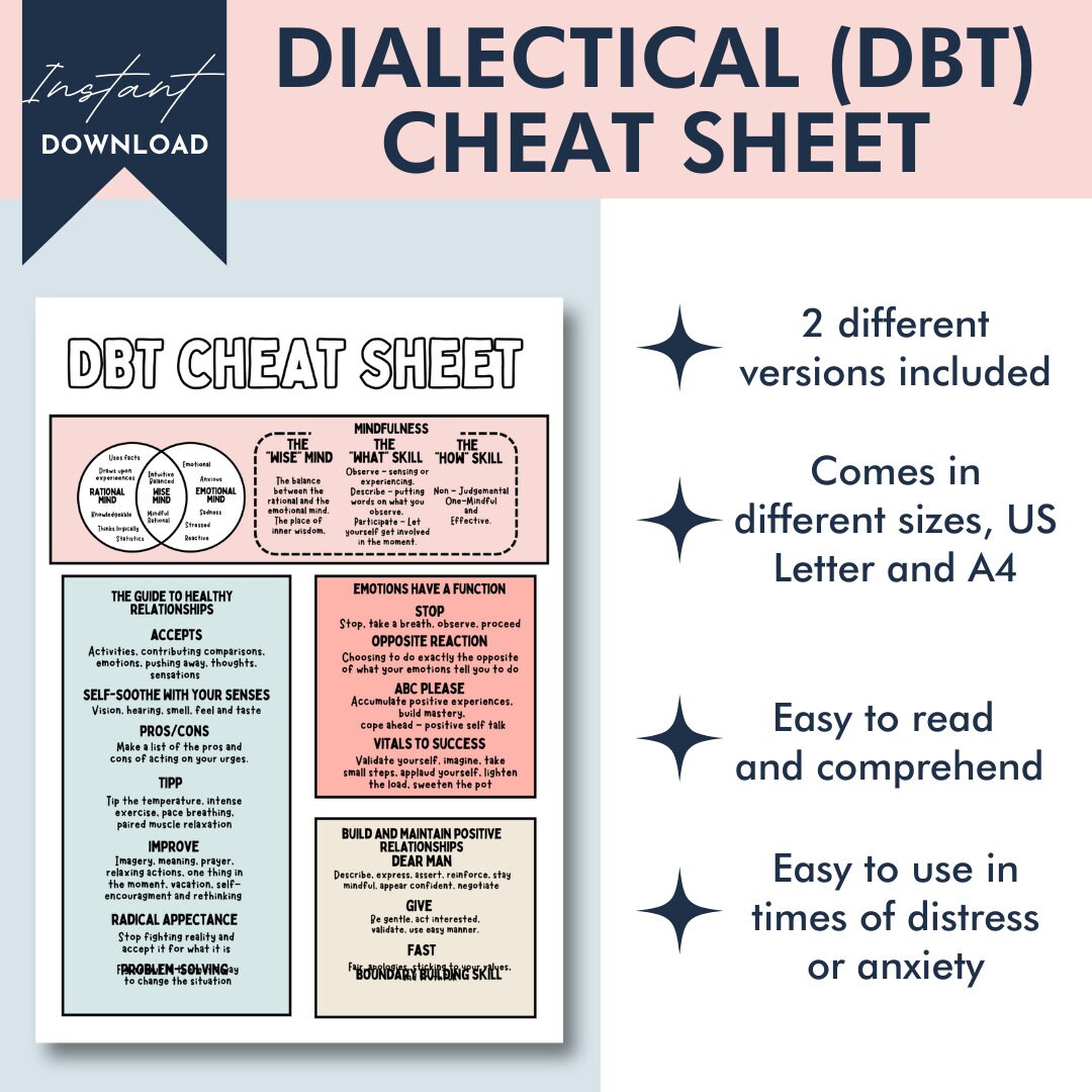 DBT Cheat Sheet, DBT Skills, BPD, Borderline Personality, Therapy