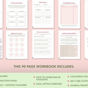 Pode incluir: Um caderno de trabalho de 90 p&aacute;ginas com capa rosa e verde. O caderno inclui rastreadores, p&aacute;ginas de reflex&atilde;o, planejadores di&aacute;rios e mensais, como superar pensamentos de transtornos alimentares, exerc&iacute;cios de defini&ccedil;&atilde;o de metas, p&aacute;ginas para colorir, atividades de autocuidado e prompts de di&aacute;rio. O texto "THIS 90 PAGE WORKBOOK INCLUDES:" est&aacute; impresso em preto sobre um fundo verde.