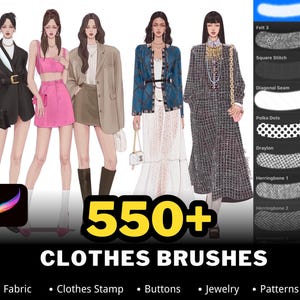 Mais de 550 pincéis e carimbos para roupas no Procreate, pincéis de tecido, pincéis de textura de tecido, roupas no Procreate, moda no Procreate, textura.