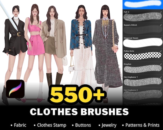550+ Procreate Fashion Brushes, Clothes, Fabric, Jewelry, Patterns Stamps (Digital Download)