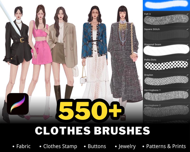 550+ Procreate Fashion Brushes, Clothes, Fabric, Jewelry, Patterns Stamps (Digital Download) image 1