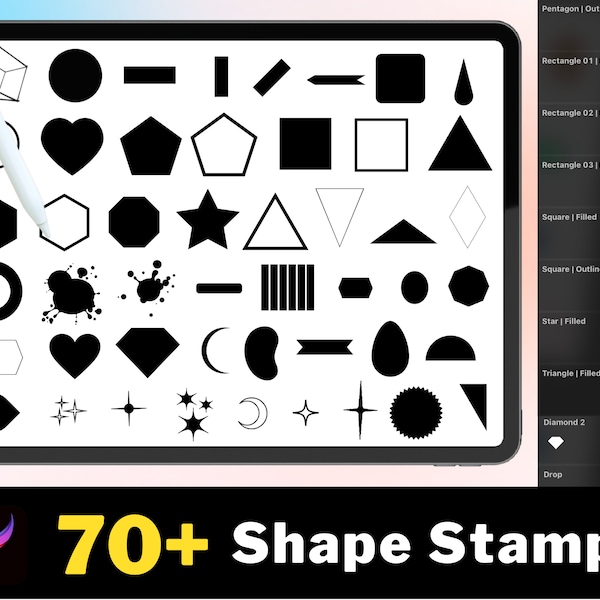 70+ Procreate Shape Stamps, Procreate Geometric Shape Stamps, Procreate Lettering Brushes, Procreate Abstract Shapes, Outline Stamps