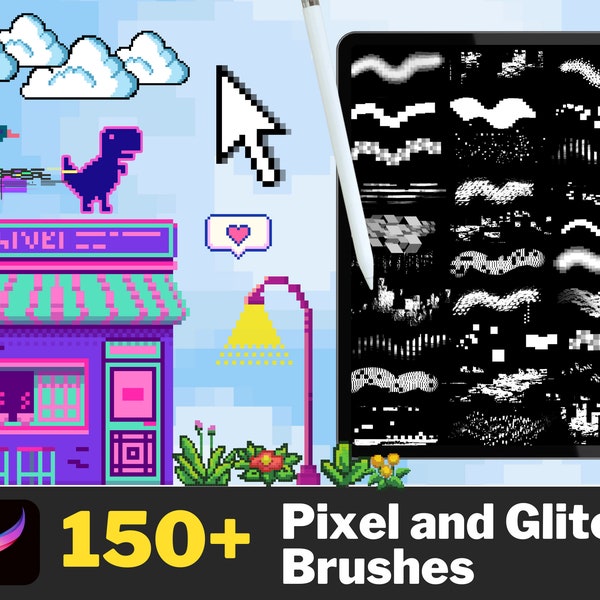 150+ Procreate Pixel & Glitch Brushes, Pixel Art Design, Procreate Retro Stamps, Pixel Art, Videospiel Art, Pixelstempel und Musterpinsel