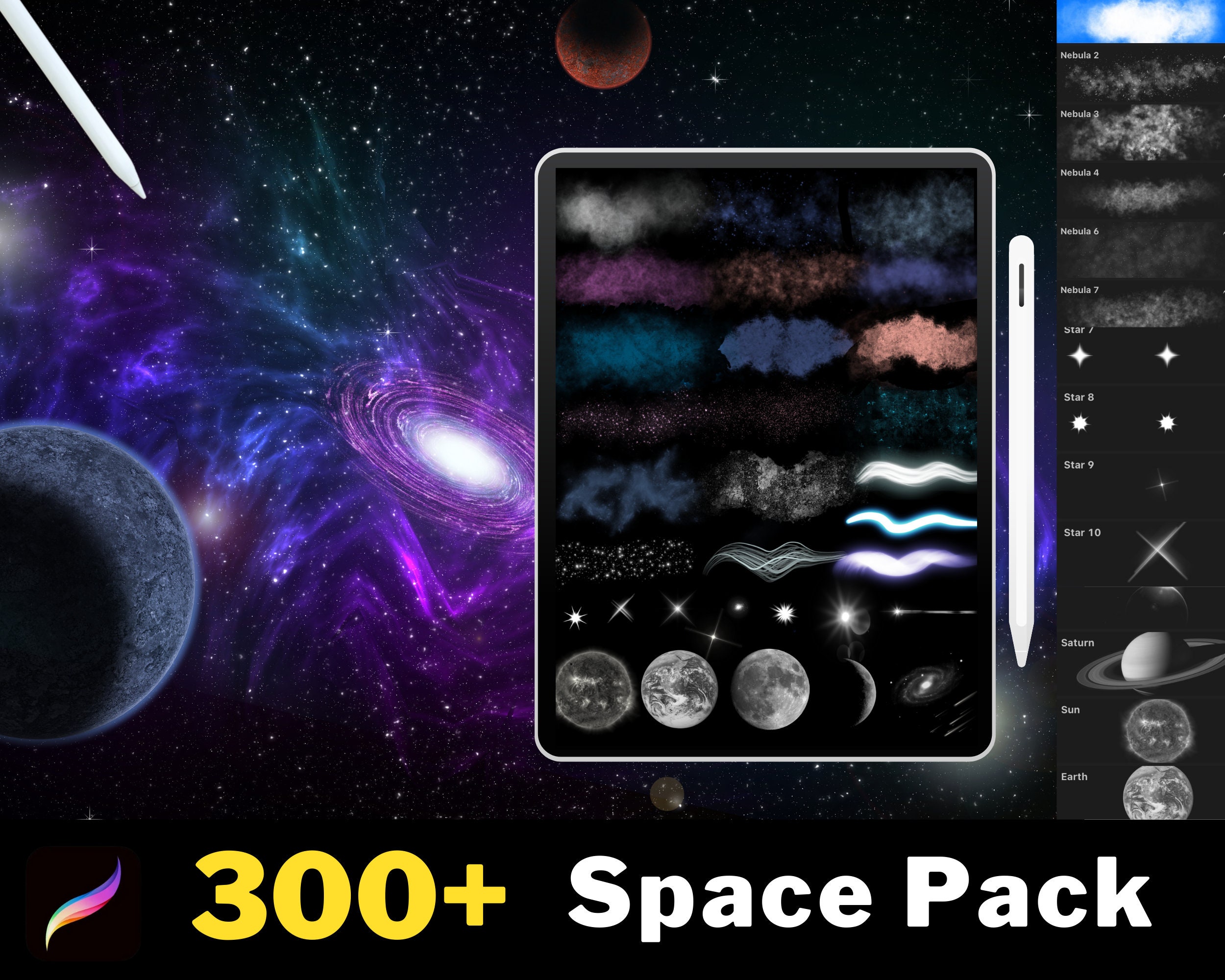 300+ Pinceles y Sellos Espaciales para Procreate – Galaxias, Nebulosas, Estrellas, Planetas, Flares y Texturas