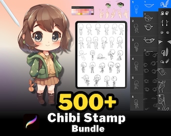 500+ Procreate Chibi Stamp Bundle, Anime Manga Body Guides, Eyes, Lips, Accessories, Palettes