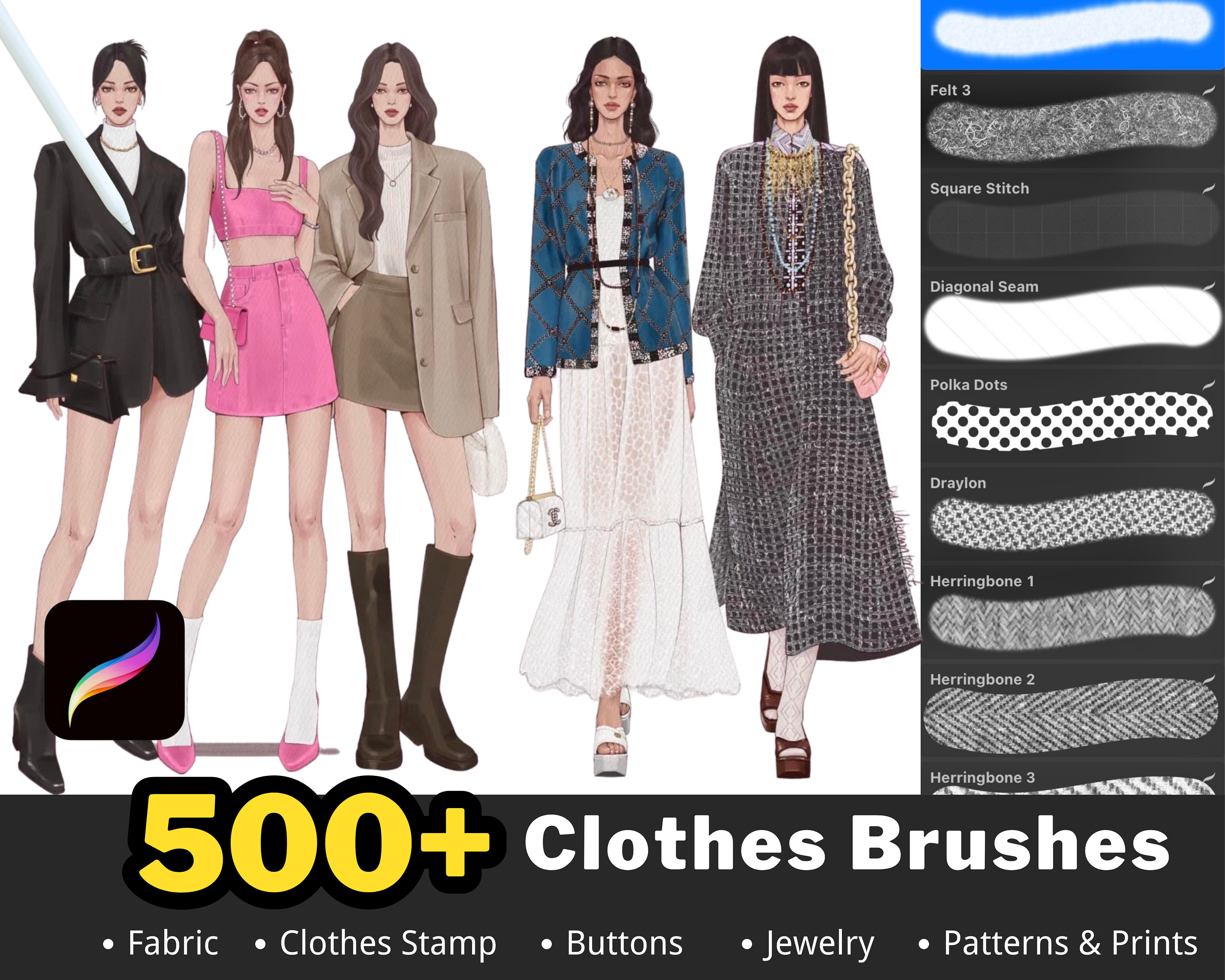 500+ Procreate Clothes & Fabric Brushes and Stamps — Fashion, Texture, Lace, Denim, Stitch & Jewelry Set