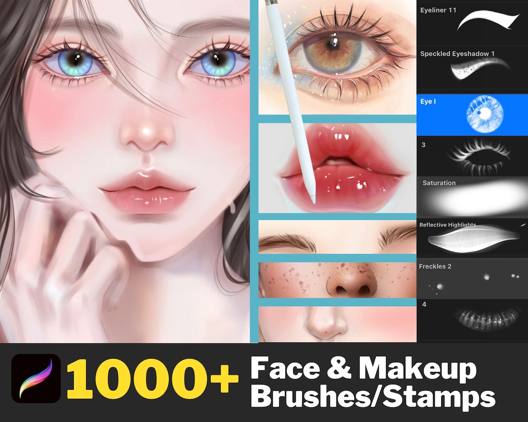 1000 Procreate Face & Makeup Brushes, Portrait Stamps, Procreate Face