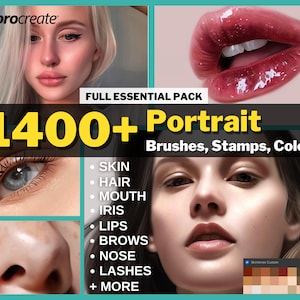 May include: Digital art pack for Procreate featuring portrait brushes, stamps, and colors. The image showcases examples of skin, hair, mouth, iris, lips, brows, nose, and lashes. The text reads "1400+ Portrait Brushes, Stamps, Colors."