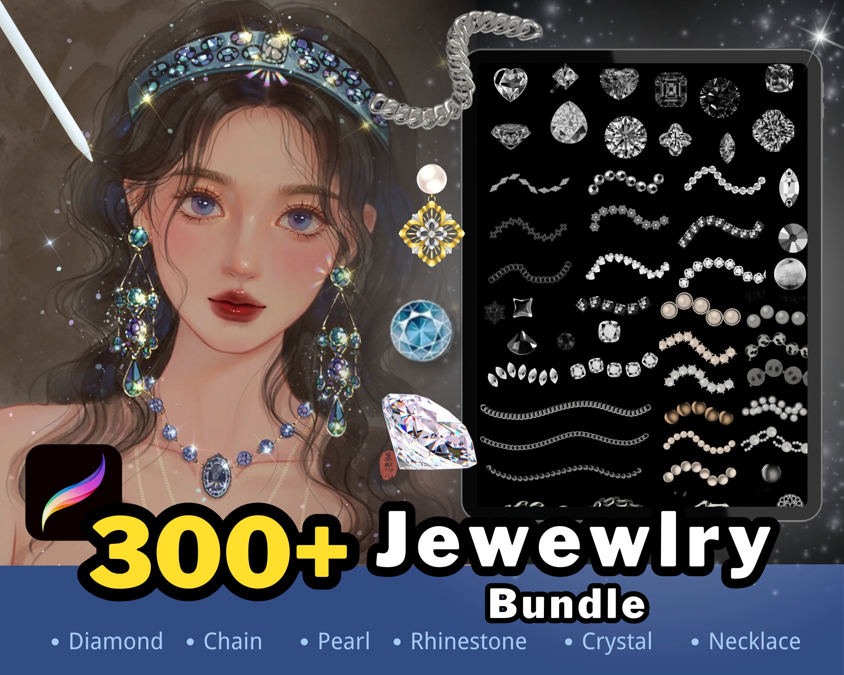 300+ Procreate Jewelry Brushes: Chains, Necklaces, Pearls, Diamonds, Crystals & Rhinestones
