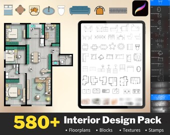 Más de 580 sellos de diseño de interiores Procreate, bloques de muebles, sellos de muebles, patrones de sellos interiores, sellos arquitectónicos, pinceles de textura