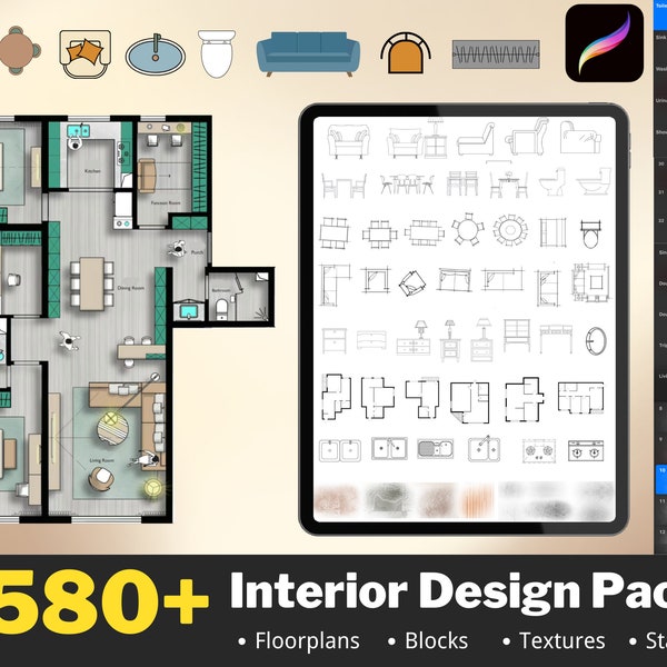 580+ Procreate Interior Design Stamps, Furniture Blocks, Furniture Stamps, Interior Stamps Patterns, Architectural Stamps, texture brushes