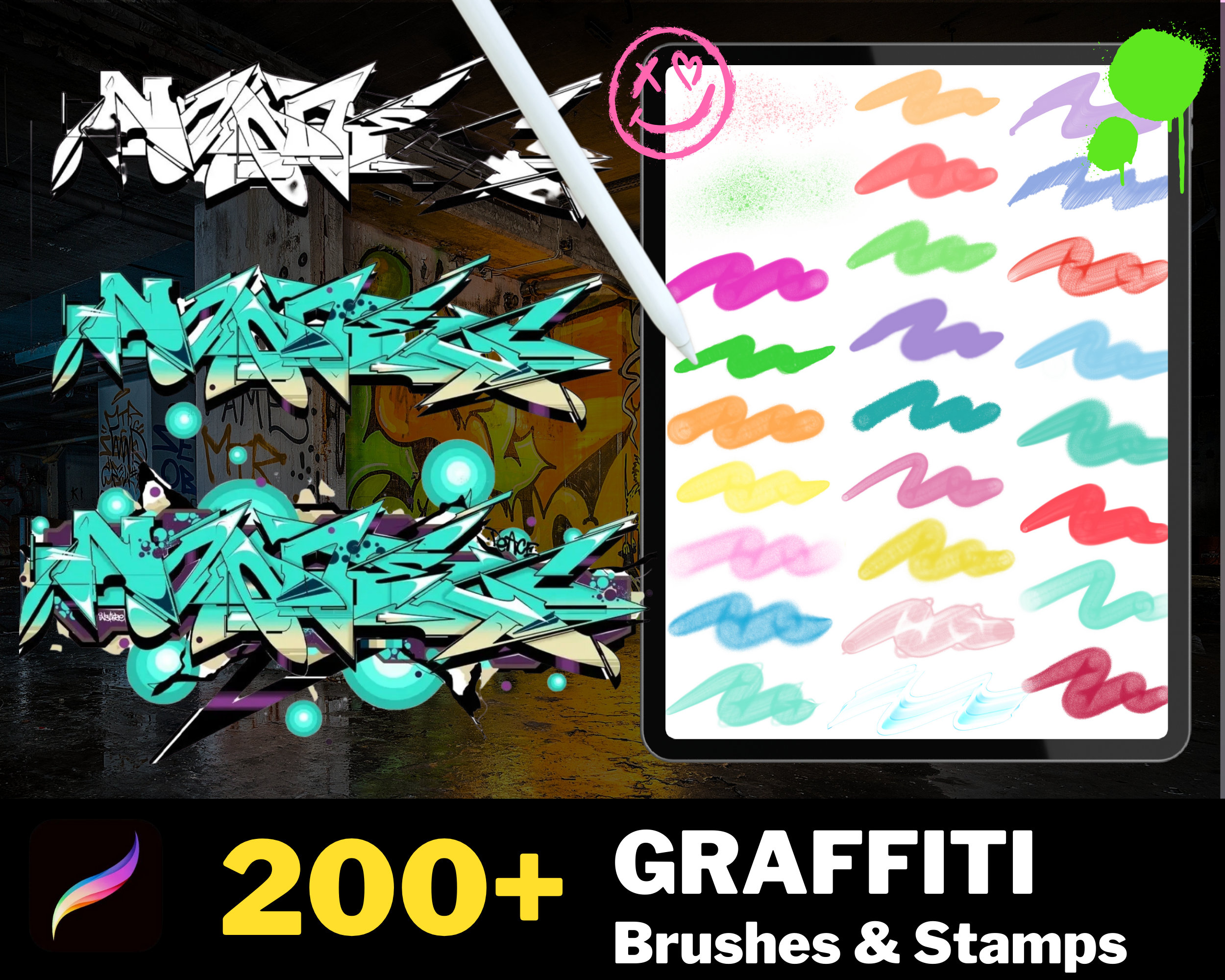 206 Procreate Graffiti Brushes & Stamps Set – Spray, Marker, Fat Cap, Lettering & Calligraphy