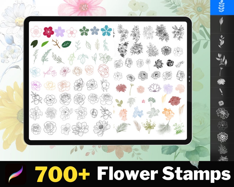 Más de 700 sellos de flores procreadas, sellos botánicos procreados, sellos de tatuajes procreados, hojas procreadas, sellos florales, paquete de plantas procreadas, imagen 1