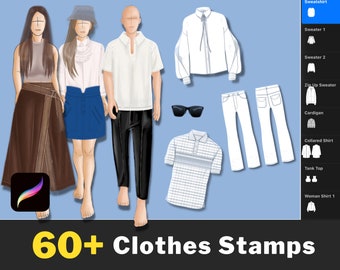 Más de 60 sellos de ropa Procreate, cepillos de ropa Procreate, sellos Procreate, moda Procreate, textura Procreate, ropa de mujeres y hombres