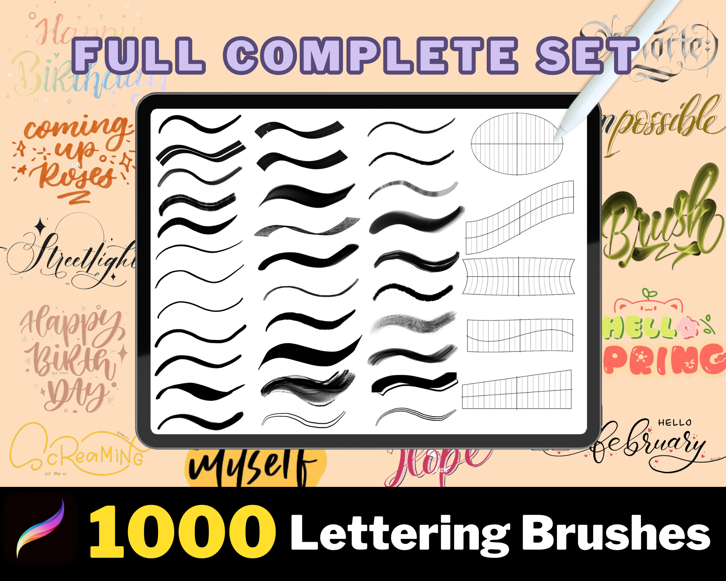Pack de 1000 pinceles para lettering en Procreate – Caligrafía, monoline, rejillas, brillo y texturas