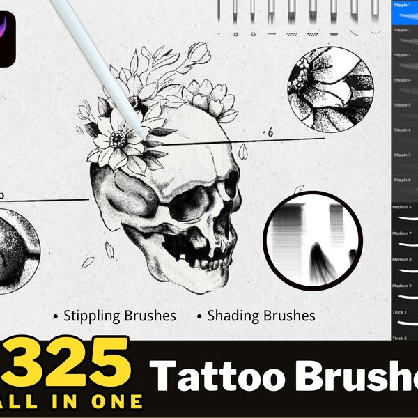 325 Tattoo Stipple Shading and Line Brushes Für Procreate, Dotwork Procreate Tattoobürsten, Procreate Pinsel, Procreate Stippelbürsten