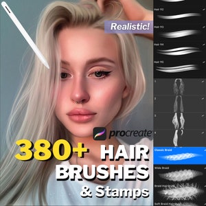 Könnte beinhalten: Digitale Kunstpinsel und Stempel für Procreate, mit einem Porträt einer Person mit langen blonden Haaren. Das Bild enthält einen Stift und eine Auswahl an Haarpinseln, mit dem Text "380+ HAIR BRUSHES & STAMPS".