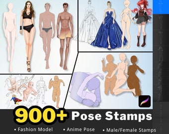 900+ Procreate Body Pose Stamps, Anime, Fashion Model (Digital Download)