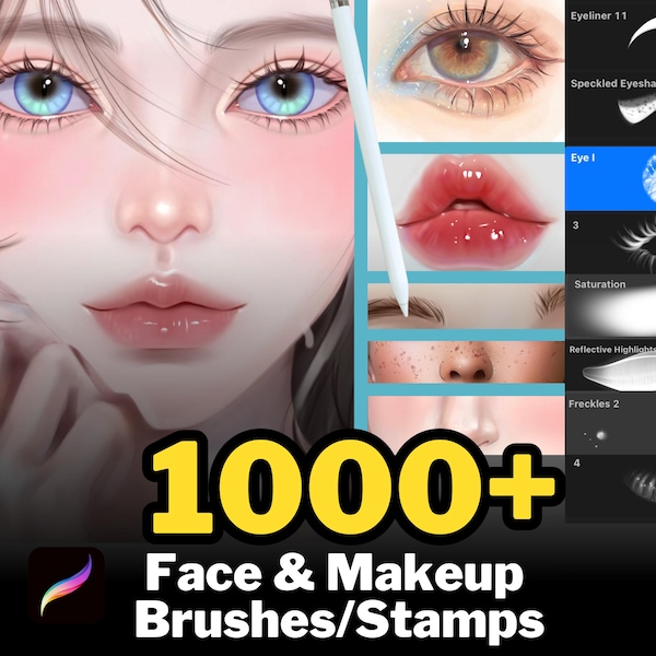 1000+ Procreate ansikts- och sminkborstar/stämplar (digital nedladdning)