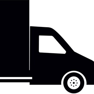 Peut inclure: Silhouette noire d'un camion de livraison avec une zone de chargement en forme de boîte. Le camion a deux roues et une cabine de conducteur. Des lignes de vitesse émanent du côté gauche, suggérant le mouvement et la livraison rapide.