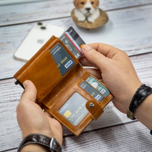 Lederen portemonnee voor mannen, gepersonaliseerde portemonnee, gegraveerde portemonnee, RFID Blocker portemonnee, lederen pop-up portemonnee, mechanisme creditcard portemonnee, cadeau