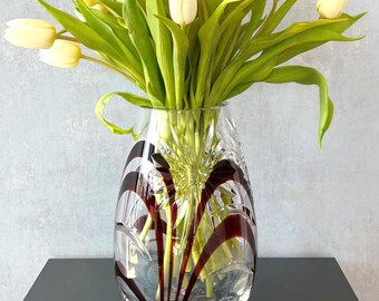 Mid Century Lead Crystal Vase, Large Clear Glass Vase For Flowers, 1970s Retro Home Decor