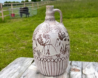 Vintage Ceramic Jug or Decanter, Terracotta Hand-Painted Folk Art, 1970s, Earthy Home Decor