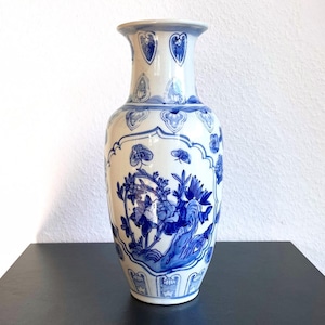 Chinese Porcelain Vase for Flowers, Vintage Blue White Vase, Hand Painted Ceramic Vase