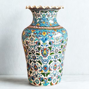 Jarrón turco de cerámica grande hecho a mano de 35 cm, jarrón turco Kutahya pintado a mano, cerámica estilo Iznik de principios del siglo XX, regalo de inauguración de casa