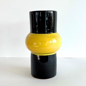 Mid Century Vase 1970s Decor, Vintage Retro Vase, Black Yellow Hand Painted Modernist Vase, Very Stylish