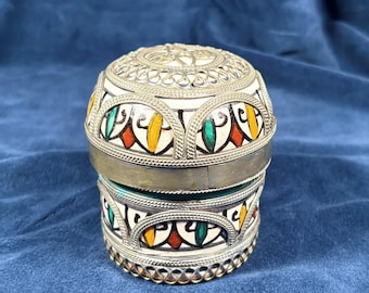 Vintage Moroccan Ceramic Jewelry Box, Handmade Fes Pottery with Intricate Silver-Tone Filigree, Colorful Boho Decor