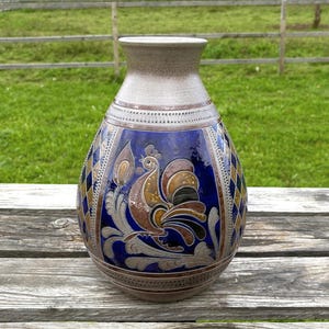 Vintage aardewerk vaas voor bloemen XL, robuuste keramische vaas met zoutglazuur Westerwald, robuuste en zware vloervaas