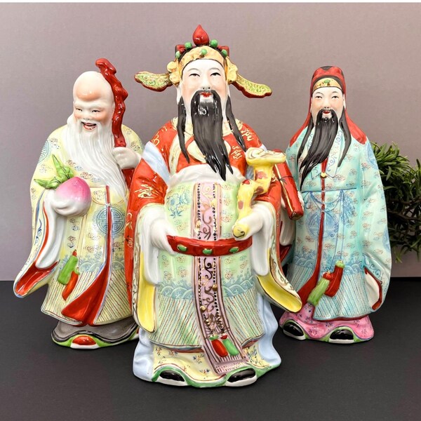 Fu Lu Shou Chinese God Statues, Porcelain Figures Large, Vintage Chinese Porcelain Household God Statues, Asian Decor