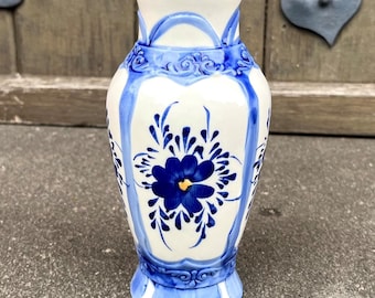 ヴィンテージ イタリア製 花瓶 ブルーフラワー 陶器 磁器
