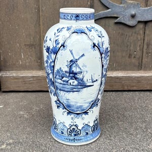 Vintage Delft Blue Vase Hand Painted, Dutch Blue And White Ceramic Vase With Windmill Scene, 1970s, Home Decor Gift