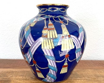 Large CHINOISERIE VASE, Vintage Porcelain Vase, Hand Painted Blue Oriental Vase, Beautiful Colors