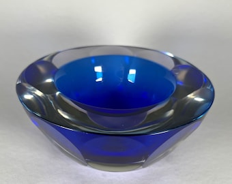 Vintage Murano Style Blue Glass Ashtray, Art Glass Bowl, Crystal Glass, Mid Century Art Deco Glassware