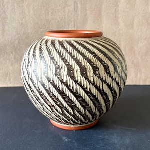 MCM Terracotta Vase: West German Pottery, Striped Ceramic, 1950s Retro Decor