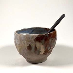 Handmade Raku Pottery Mug with Spoon: Artisan Stoneware Coffee Cup