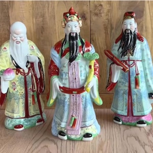 Fu Lu Shou Chinese God Figures 45cm, Chinese Porcelain Statues, Large Porcelain Figures, Vintage Chinese Porcelain Household God Statues