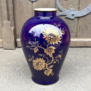 Vintage Lindner Kueps Bavaria Vase XL, German Bavaria Porcelain, Echt Cobalt Blue Vase with 24K Gold Decoration, Luxury Home Decor Gift