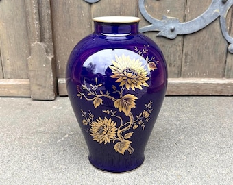 Jarrón vintage Lindner Kueps Bavaria: porcelana cobalto auténtica en oro de 24 quilates