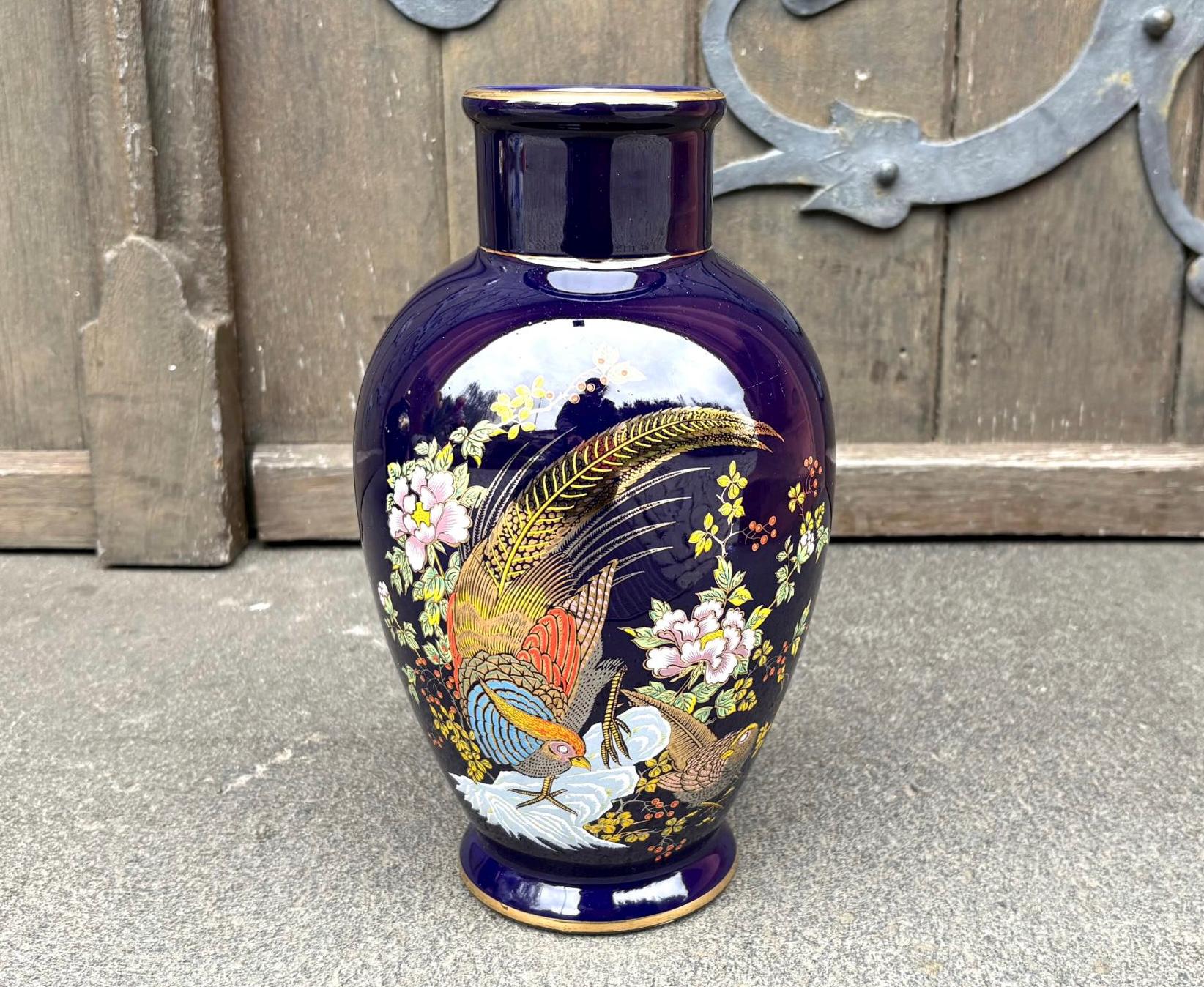 Jarrón italiano vintage azul cobalto: Oro Zecchino de 24 quilates con diseño floral de pájaro