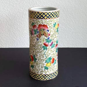 Antique Chinese Vase 1930s, Hand Painted Asian Decor Porcelain Vase with Floral & Butterfly Motifs, Beautiful Cylindrical Vase, Rare Find!