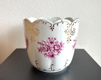 Maceta de porcelana Hollohaza vintage: decoración dorada pintada a mano