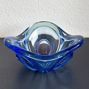 Art Deco Blue Green Glass Bowl, Hand-Blown Centerpiece, 1980s Murano Style Home Decor